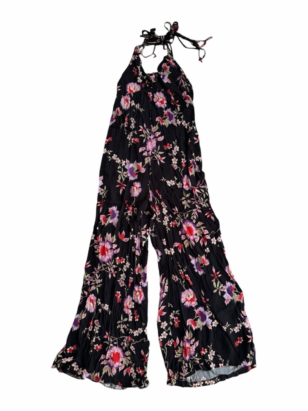 Olivaceous Black Floral Halter Wide-Leg Jumpsuit with Pink & Purple Blooms